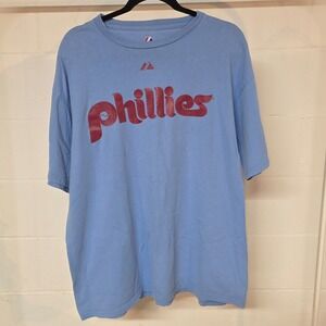 Vintage Majestic Philadelphia Phillies Mens XL Blue Short Sleeve MLB Graphic Tee